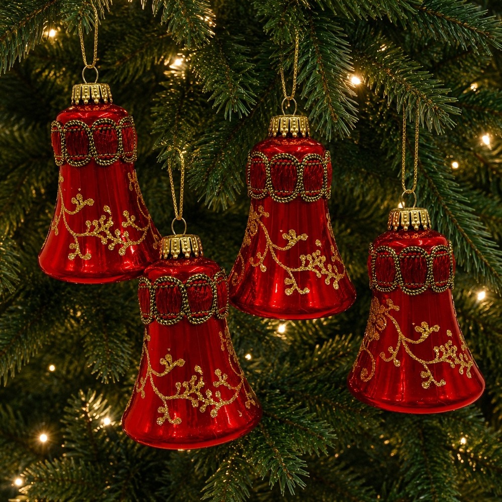 Vintage West Germany Red Glass Bell Christmas Ornaments Gold Glitter Set of 4